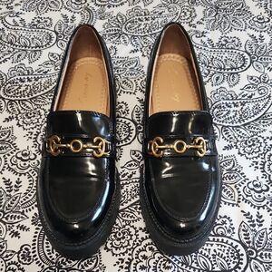 Black Patent Leather Loafers with Gold Detail